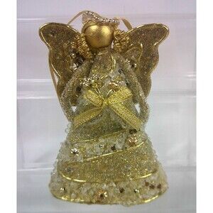 Vintage Angel Christmas Ornament Gold Beaded Made in Phillipines 4 Inch